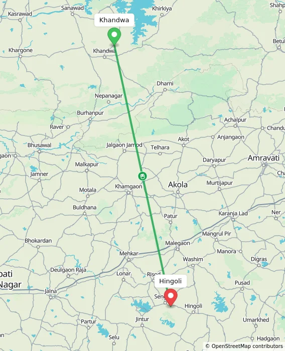 Route map showing distance and travel time from Khandwa, India to Hingoli, India