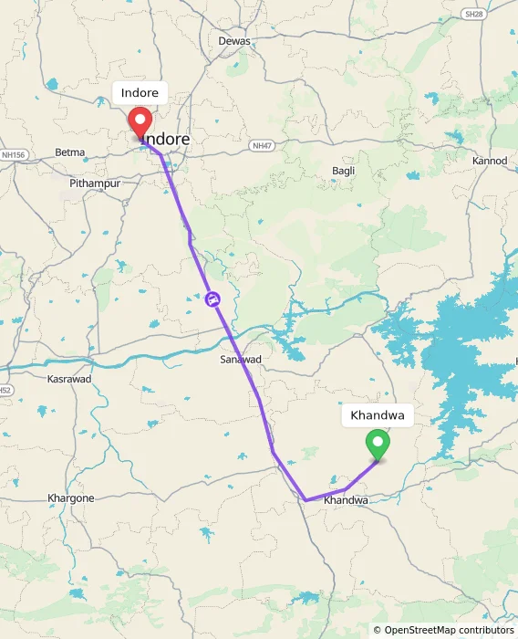 Route map showing distance and travel time from Khandwa, India to Indore, India