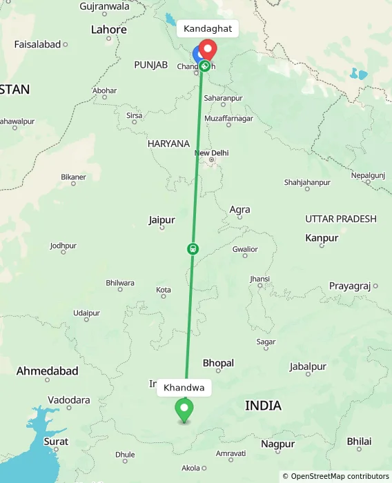 Route map showing distance and travel time from Khandwa, India to Kandaghat, India
