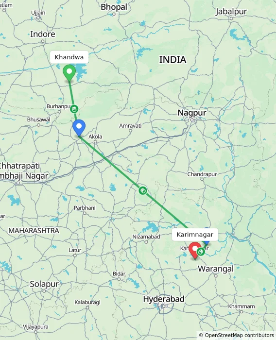 Route map showing distance and travel time from Khandwa, India to Karimnagar, India