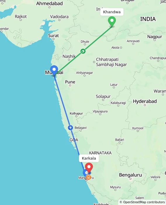 Route map showing distance and travel time from Khandwa, India to Karkala, India