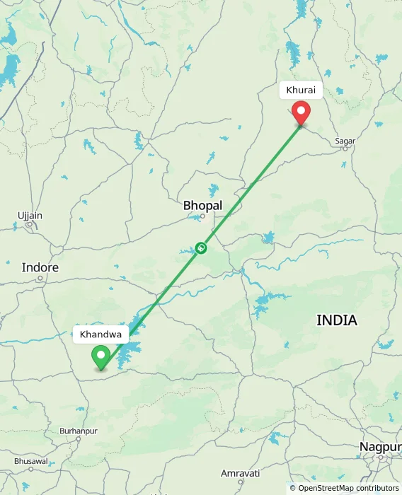 Route map showing distance and travel time from Khandwa, India to Khurai, India