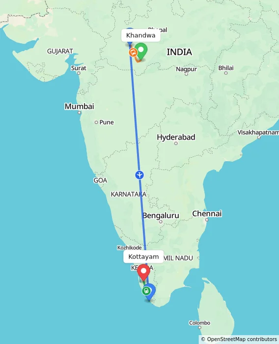 Route map showing distance and travel time from Khandwa, India to Kottayam, India