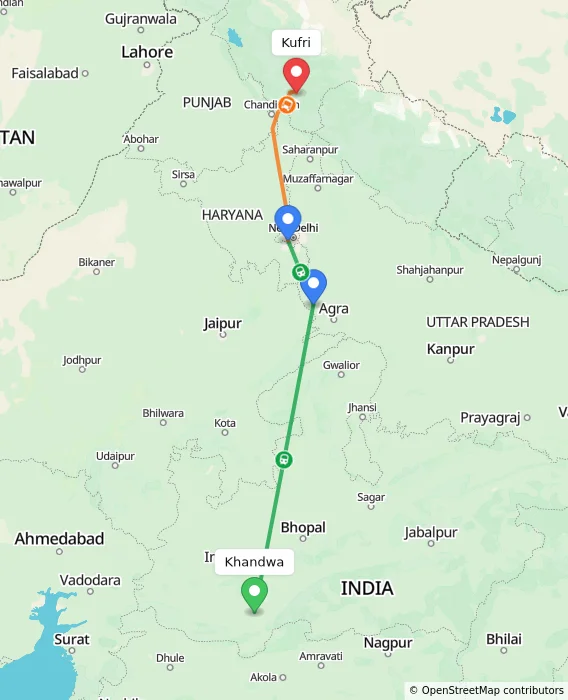 Route map showing distance and travel time from Khandwa, India to Kufri, India
