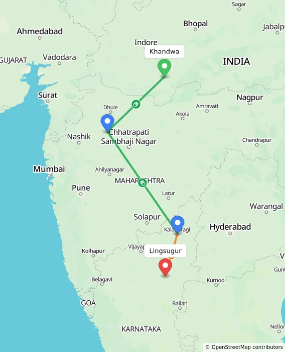 Route map showing distance and travel time from Khandwa, India to Lingsugur, India