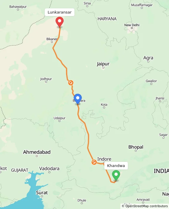 Route map showing distance and travel time from Khandwa, India to Lunkaransar, India