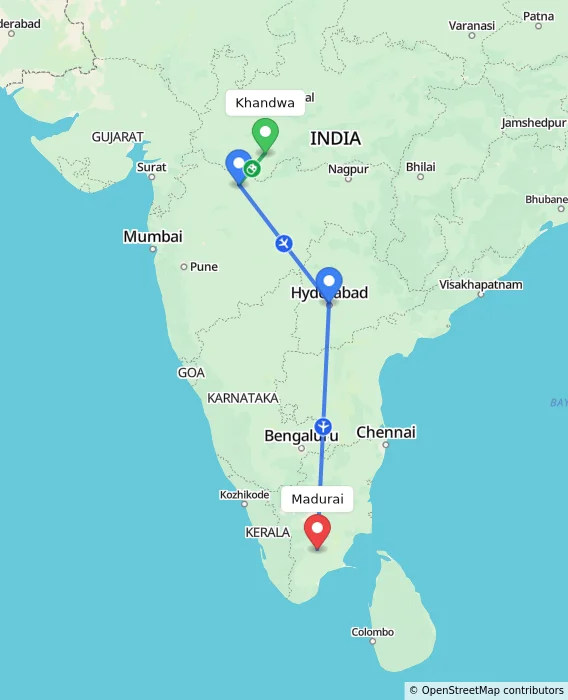 Route map showing distance and travel time from Khandwa, India to Madurai, India