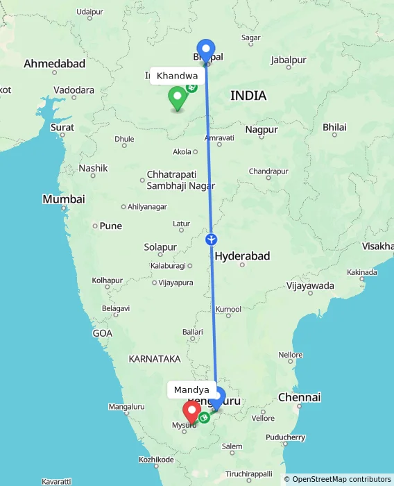 Route map showing distance and travel time from Khandwa, India to Mandya, India