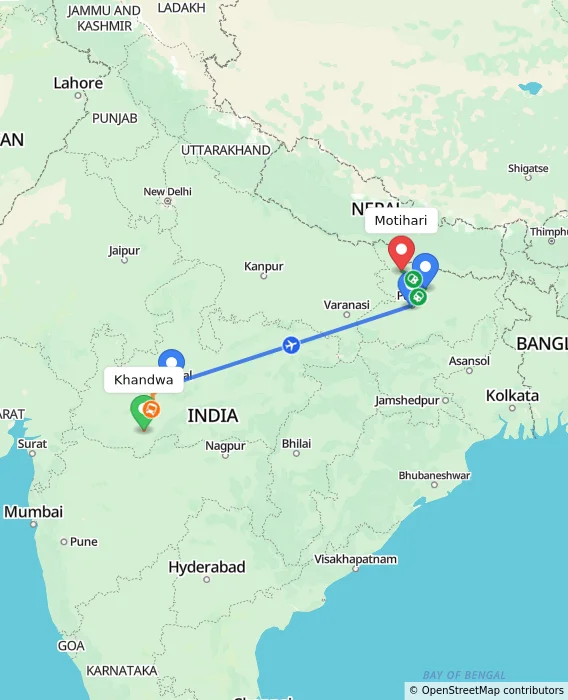 Route map showing distance and travel time from Khandwa, India to Motihari, India
