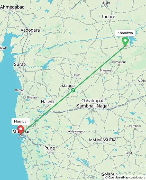 Route map showing distance and travel time from Khandwa, India to Mumbai, India