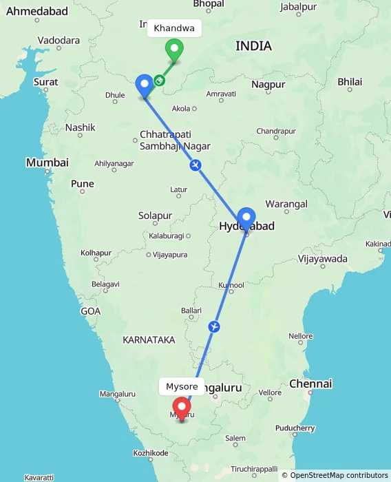 Route map showing distance and travel time from Khandwa, India to Mysore, India