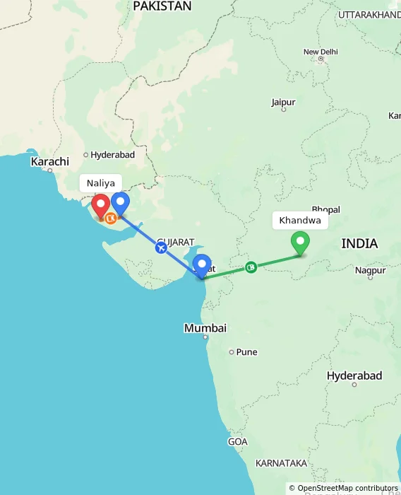 Route map showing distance and travel time from Khandwa, India to Naliya, India