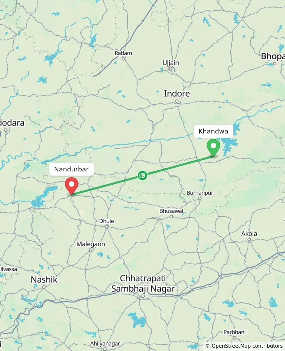 Route map showing distance and travel time from Khandwa, India to Nandurbar, India
