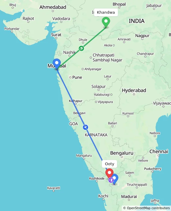 Route map showing distance and travel time from Khandwa, India to Ooty, India