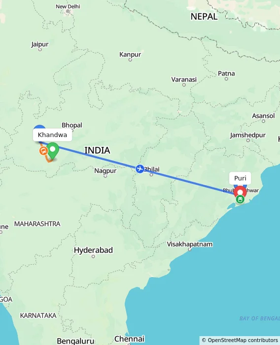 Route map showing distance and travel time from Khandwa, India to Puri, India