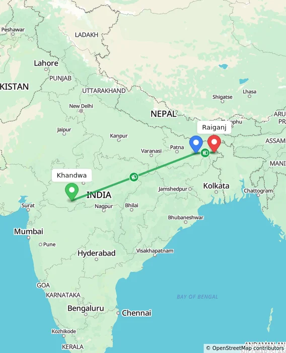Route map showing distance and travel time from Khandwa, India to Raiganj, India