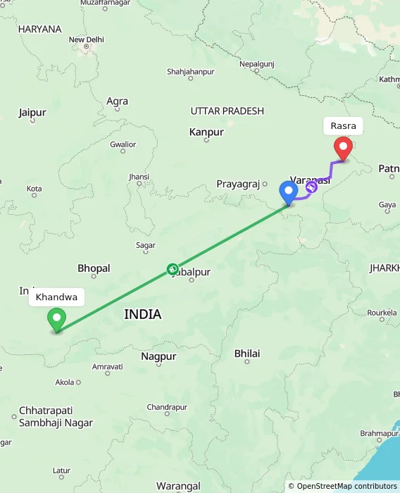 Route map showing distance and travel time from Khandwa, India to Rasra, India