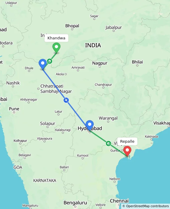 Route map showing distance and travel time from Khandwa, India to Repalle, India