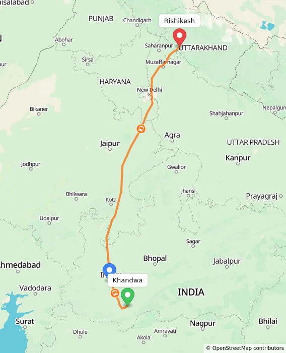 Route map showing distance and travel time from Khandwa, India to Rishikesh, India