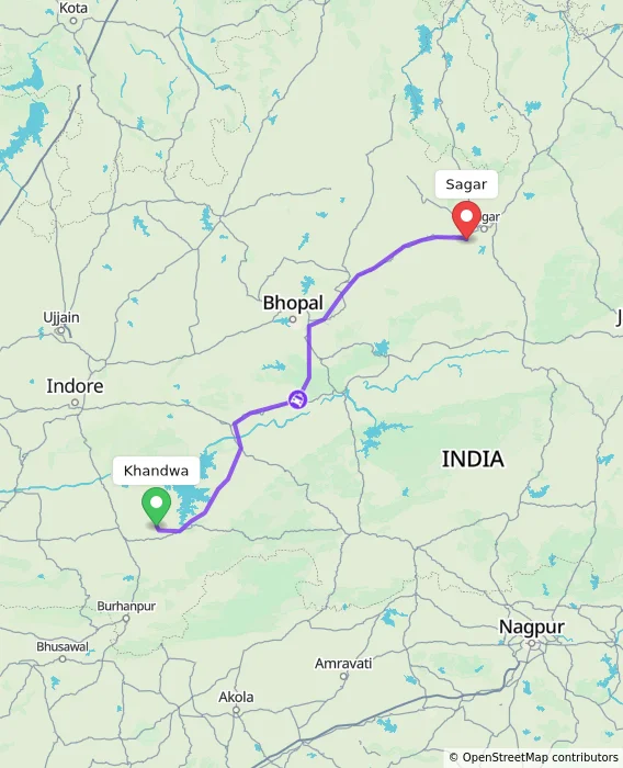Route map showing distance and travel time from Khandwa, India to Sagar, India