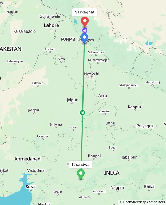Route map showing distance and travel time from Khandwa, India to Sarkaghat, India