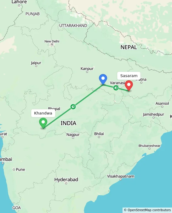 Route map showing distance and travel time from Khandwa, India to Sasaram, India