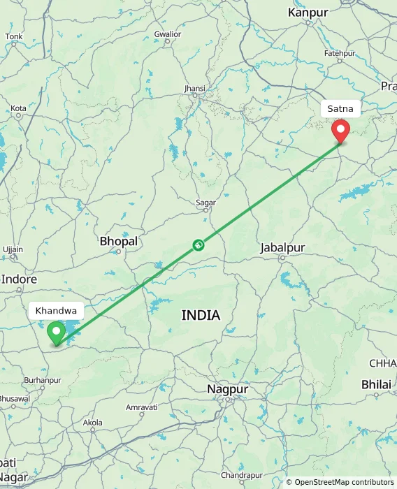 Route map showing distance and travel time from Khandwa, India to Satna, India