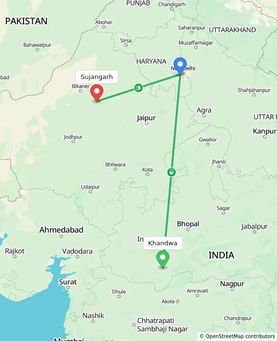 Route map showing distance and travel time from Khandwa, India to Sujangarh, India