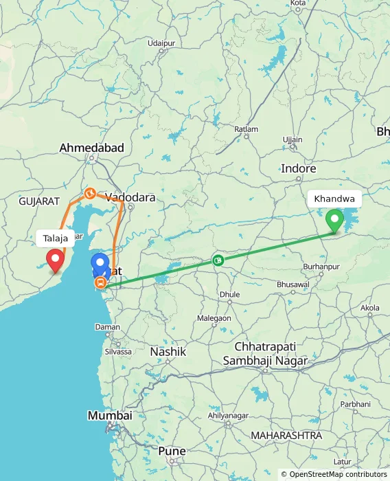 Route map showing distance and travel time from Khandwa, India to Talaja, India