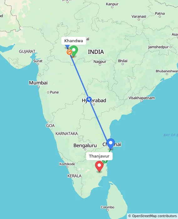 Route map showing distance and travel time from Khandwa, India to Thanjavur, India