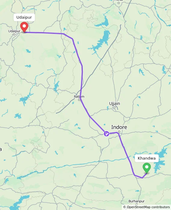 Route map showing distance and travel time from Khandwa, India to Udaipur, India