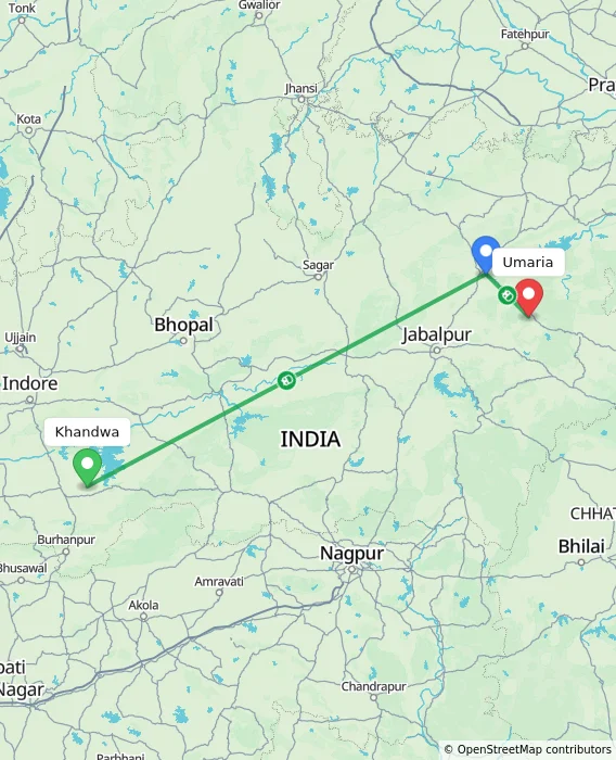 Route map showing distance and travel time from Khandwa, India to Umaria, India