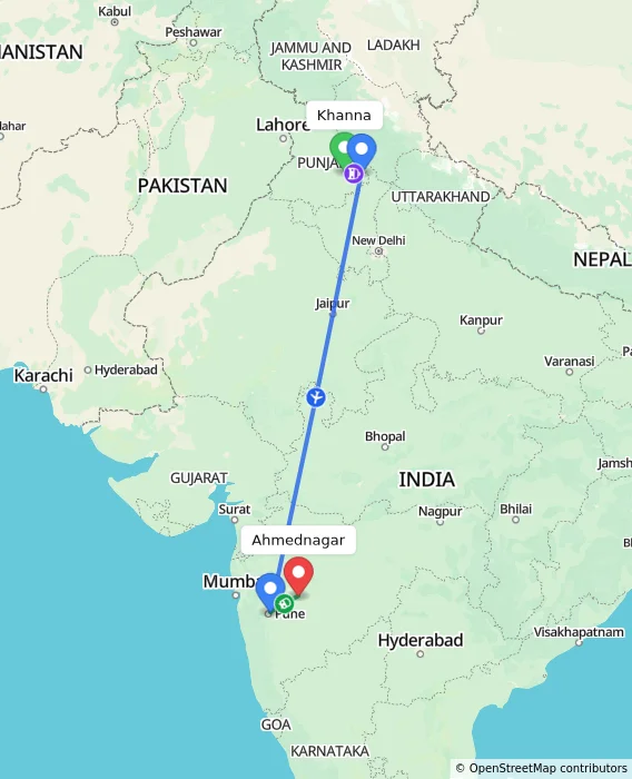 Route map showing distance and travel time from Khanna, India to Ahmednagar, India