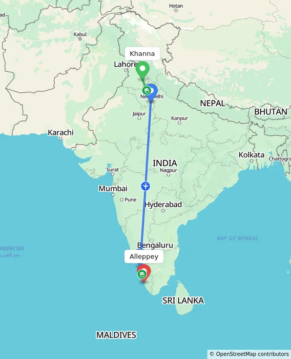 Route map showing distance and travel time from Khanna, India to Alappuzha, India