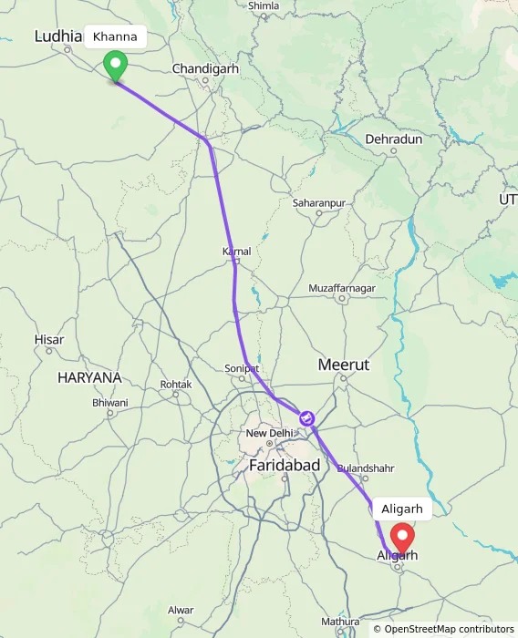 Route map showing distance and travel time from Khanna, India to Aligarh, India