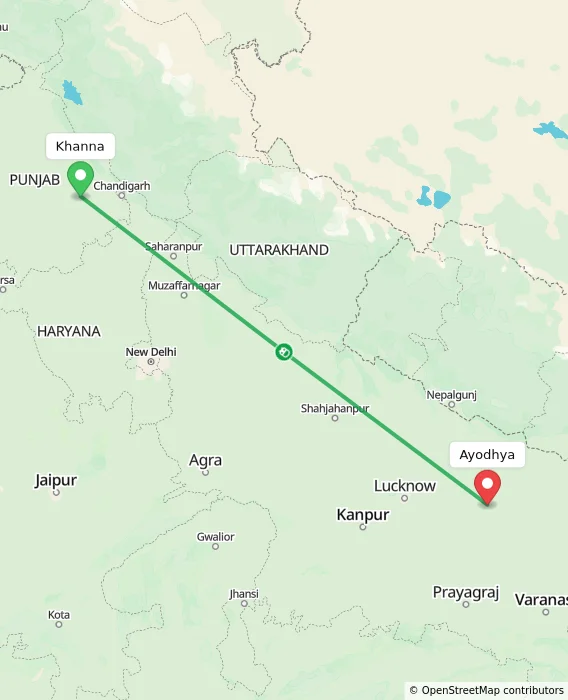 Route map showing distance and travel time from Khanna, India to Ayodhya, India