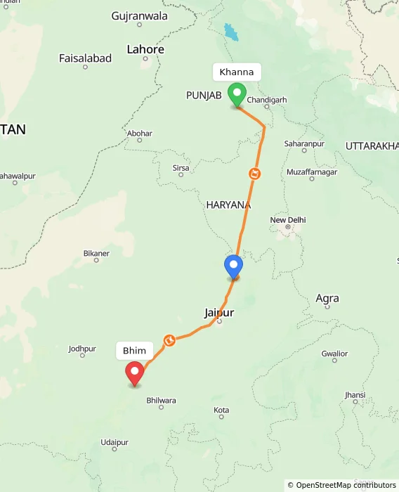 Route map showing distance and travel time from Khanna, India to Bhim, India