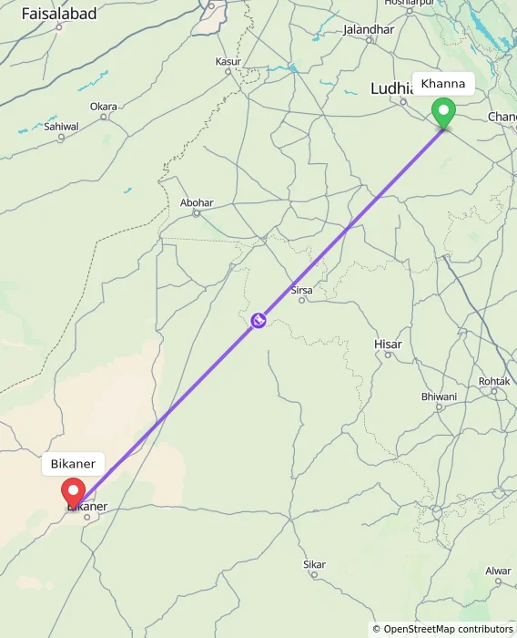 Route map showing distance and travel time from Khanna, India to Bikaner, India
