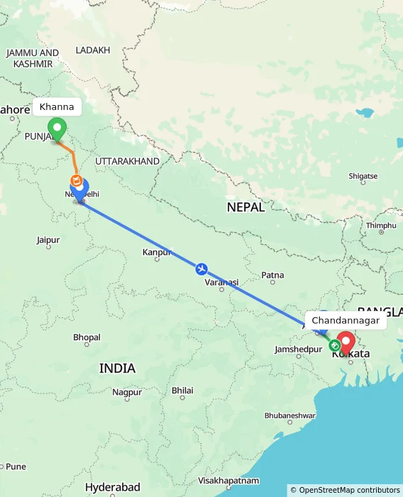 Route map showing distance and travel time from Khanna, India to Chandannagar, India