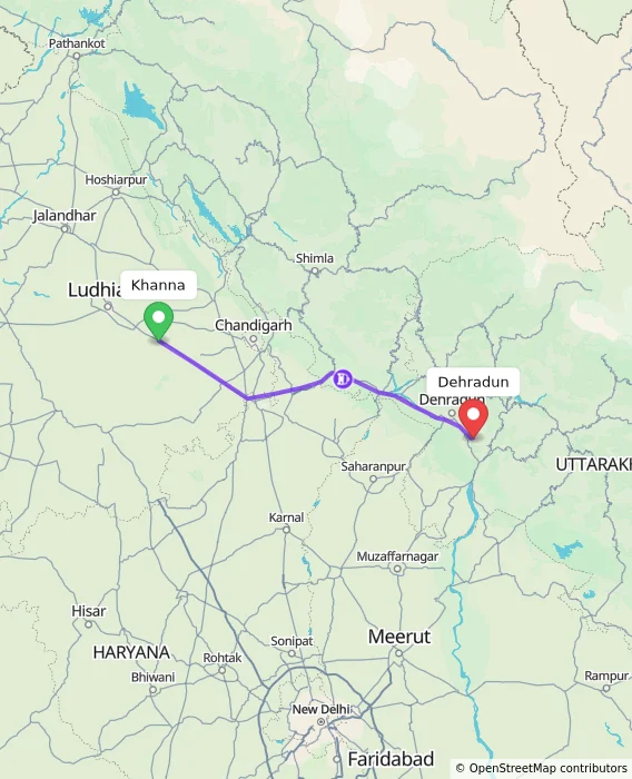 Route map showing distance and travel time from Khanna, India to Dehradun, India