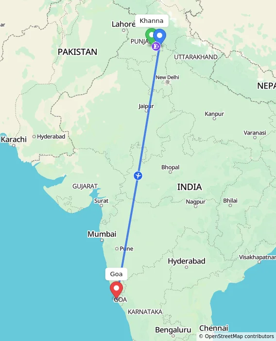 Route map showing distance and travel time from Khanna, India to Goa, India