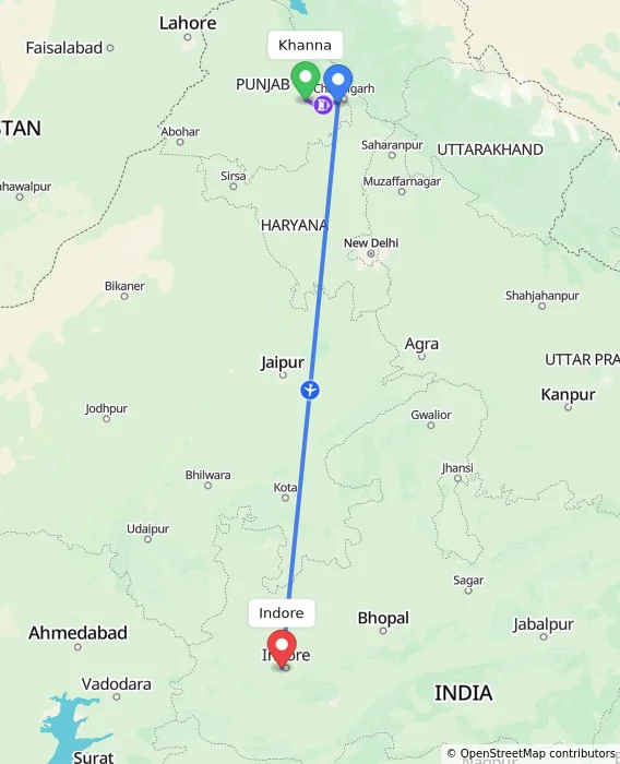 Route map showing distance and travel time from Khanna, India to Indore, India