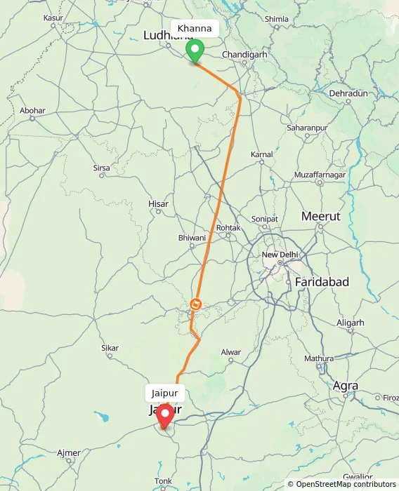 Route map showing distance and travel time from Khanna, India to Jaipur, India