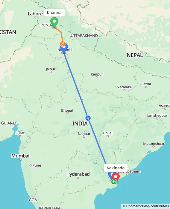 Route map showing distance and travel time from Khanna, India to Kakinada, India