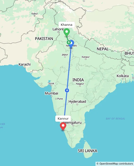Route map showing distance and travel time from Khanna, India to Kannur, India