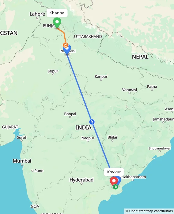 Route map showing distance and travel time from Khanna, India to Kovvur, India
