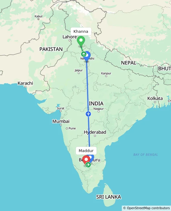 Route map showing distance and travel time from Khanna, India to Maddur, India
