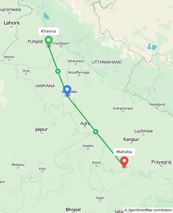 Route map showing distance and travel time from Khanna, India to Mahoba, India