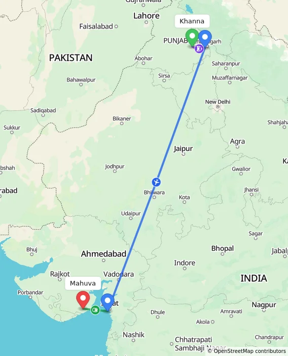 Route map showing distance and travel time from Khanna, India to Mahuva, India