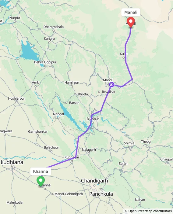 Route map showing distance and travel time from Khanna, India to Manali, India